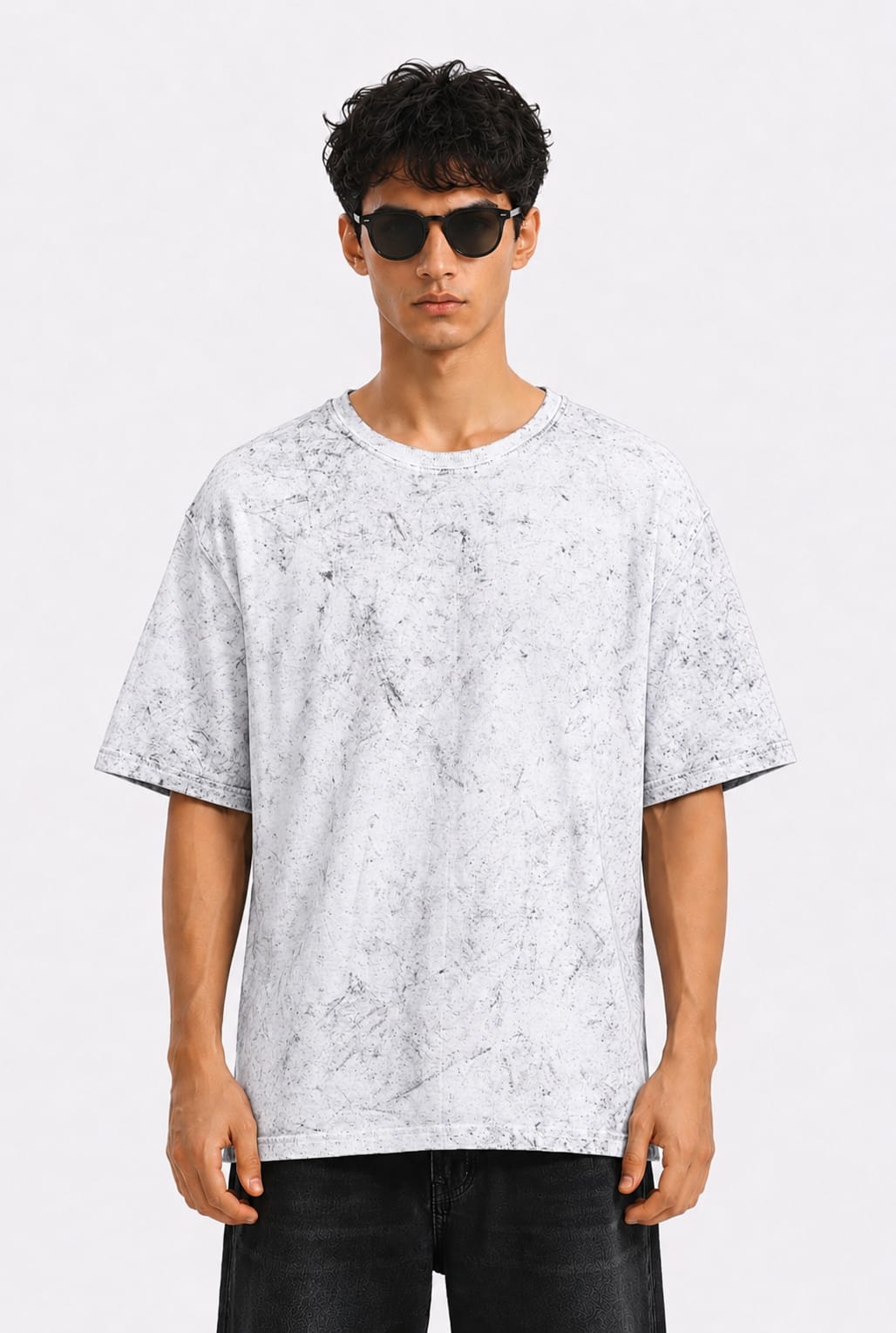 Oversized Acid Wash Speckled T-Shirt | Marble Texture Streetwear Tee | White
